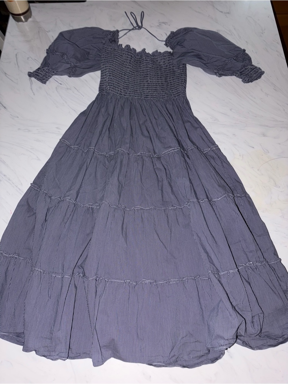 HILL HOUSE Nesli Nap Dress navy blue micro gingham midi puff sleeve xs tiered